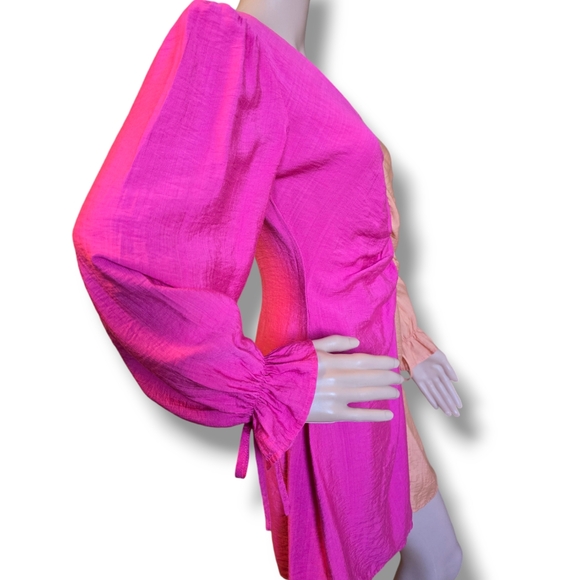 Women's Two Tones Flounce Sleeve Ruched Dress Pink/ Orange Peach - Picture 11 of 16